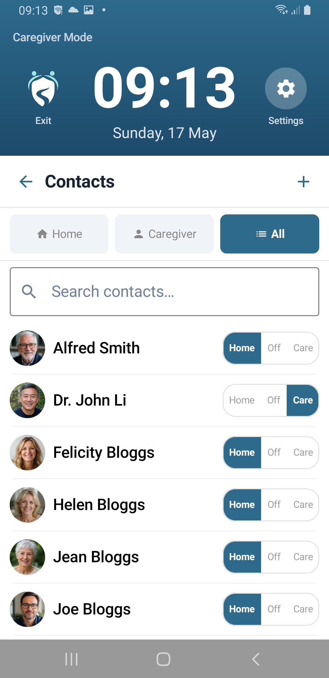 Contacts list showing Home, Off, and Care visibility options per contact