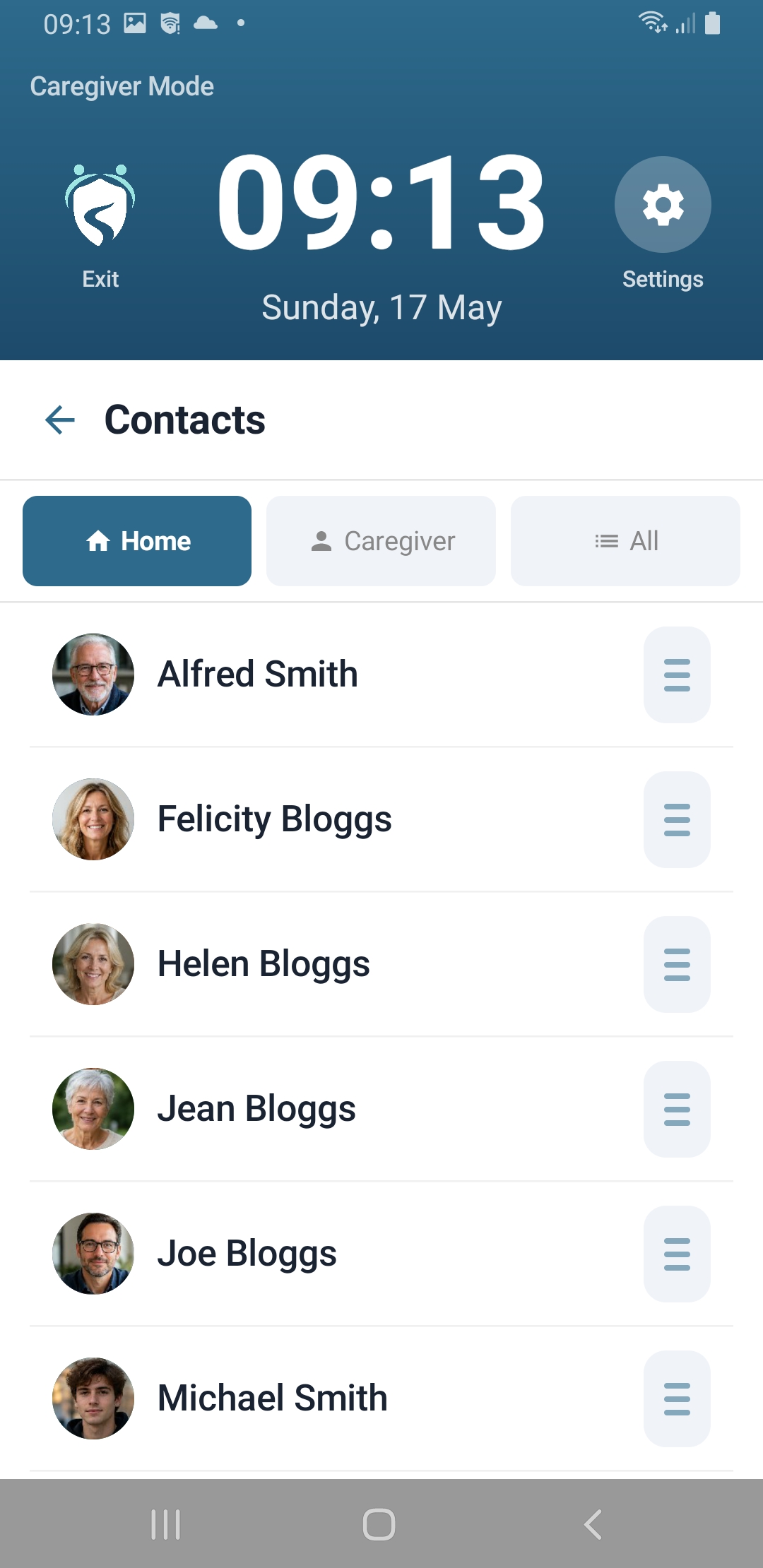 Home contacts tab showing contacts that appear on the home screen