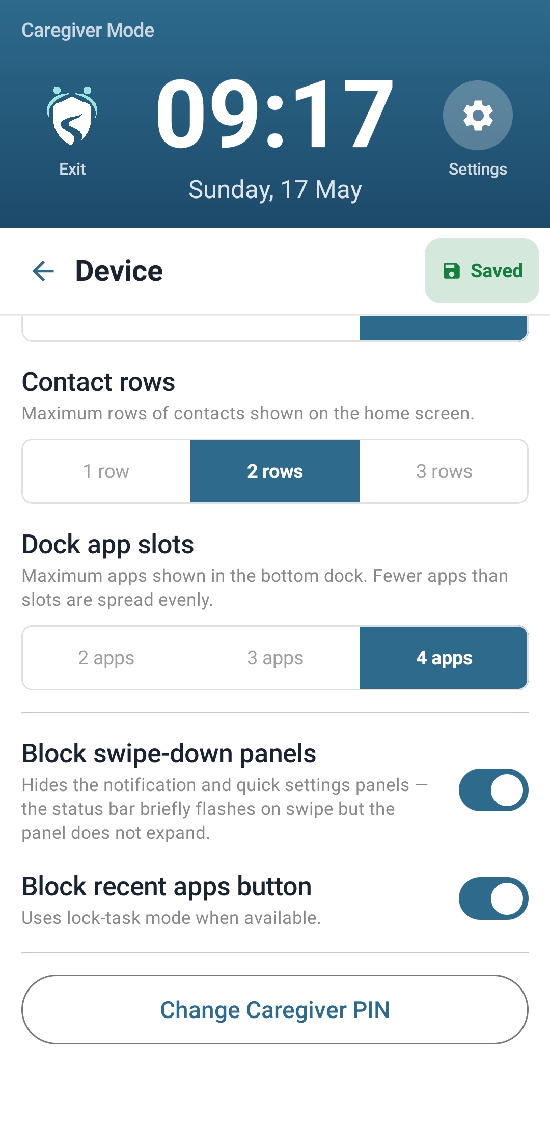 Mary Device settings showing Block swipe-down panels and Block recent apps button toggles