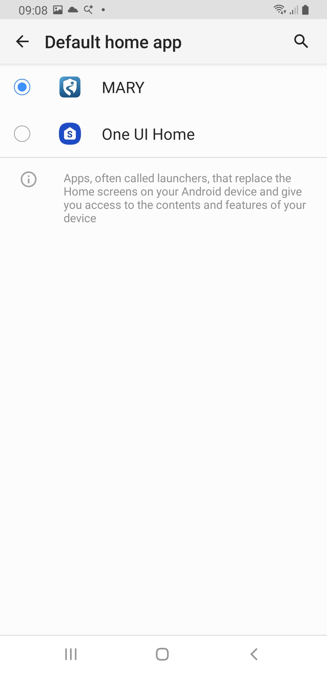 Android Default home app screen with MARY selected