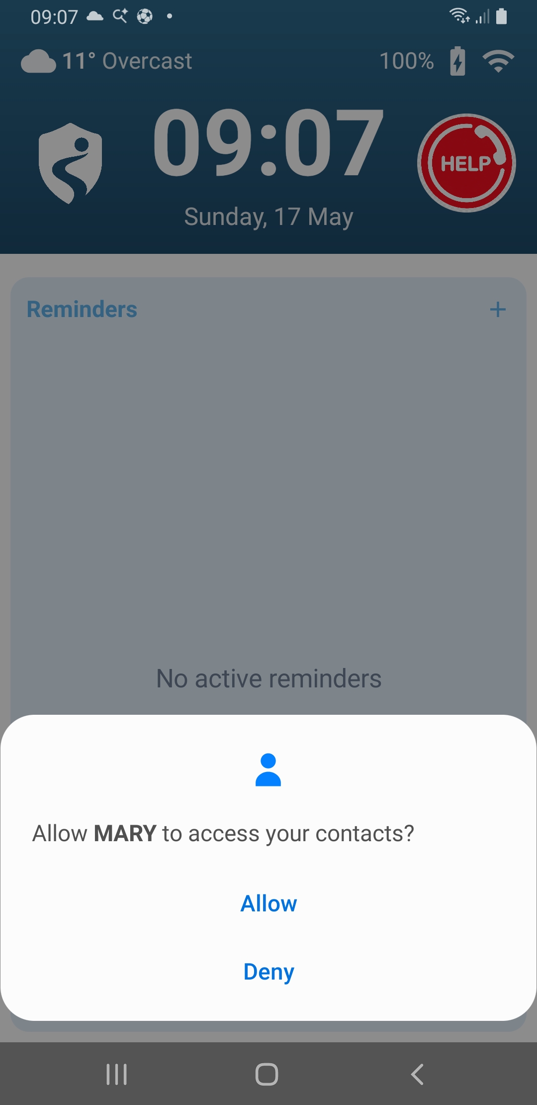 Android asking permission for Mary to access contacts